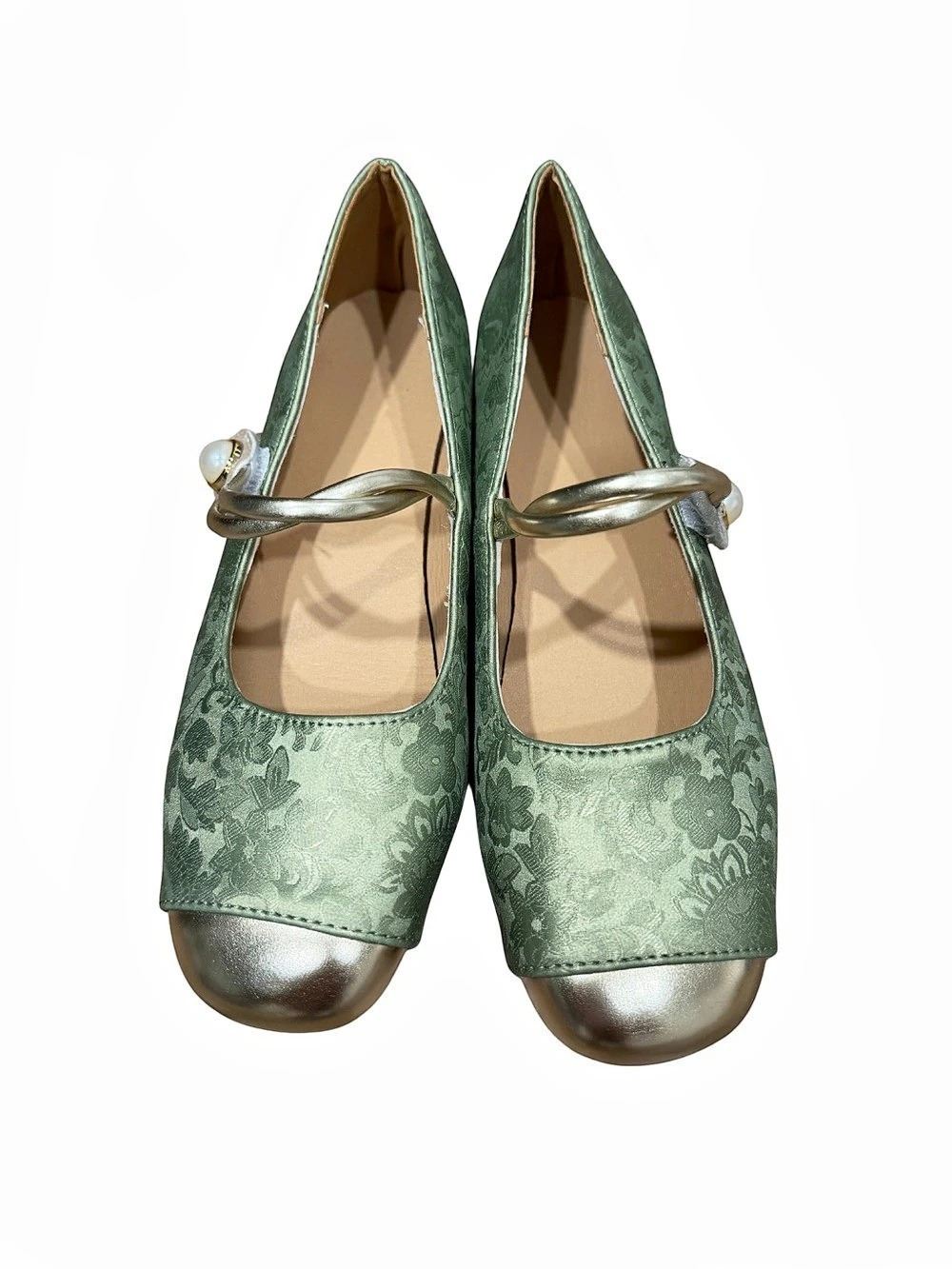 Floral Mary Jane Heels in Green & Gold Like New